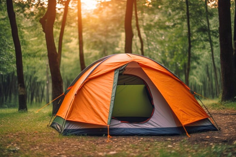 森林の中に設営されたドーム型テント