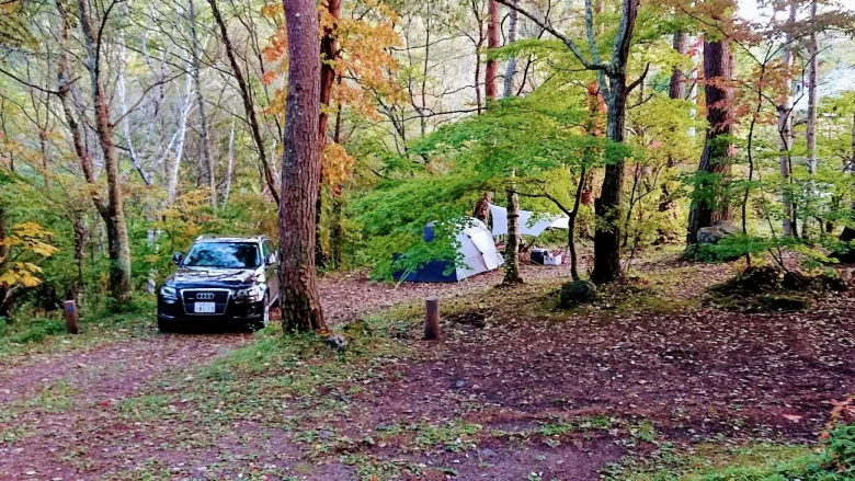 浅間山荘キャンプ場のキャンプサイトに停められている車とテント