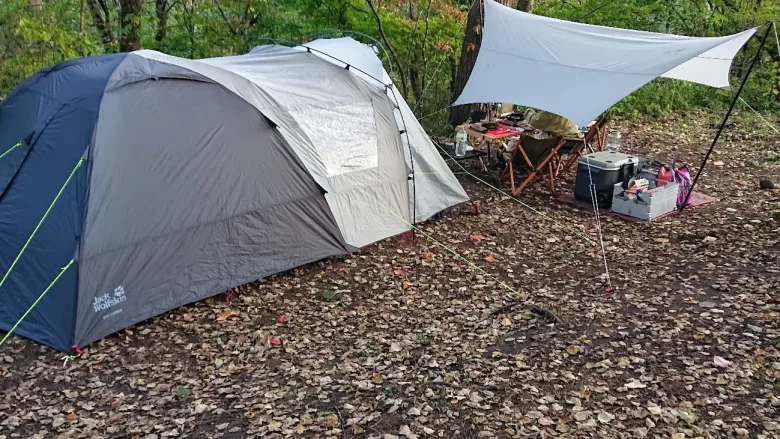 キャンプサイトに設営されたテントとタープ